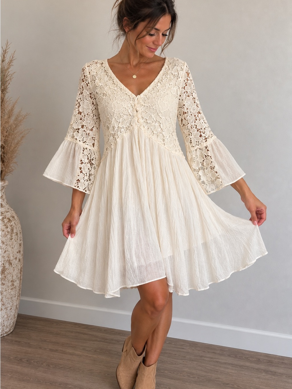 J. Gee Ivory Lace Bell Sleeve Babydoll Midi Dress Boho Cottagecore L